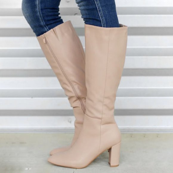 New Nude Point Toe Knee High Chunky Heel Boots - Picture 2 of 5